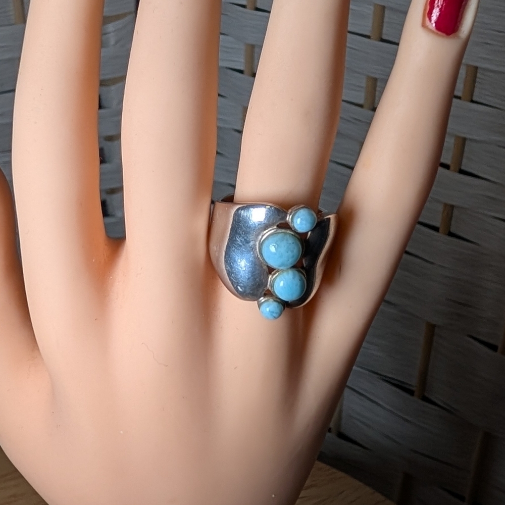 925 Sterling Silver Larimar Ring – Natural Blue Larimar Cabochons (4 stones) 7g